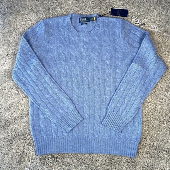 $398 Polo Ralph Lauren The Iconic Cable Knit Cashmere Sweater SZ Large Men Blue - Picture 1 of 9